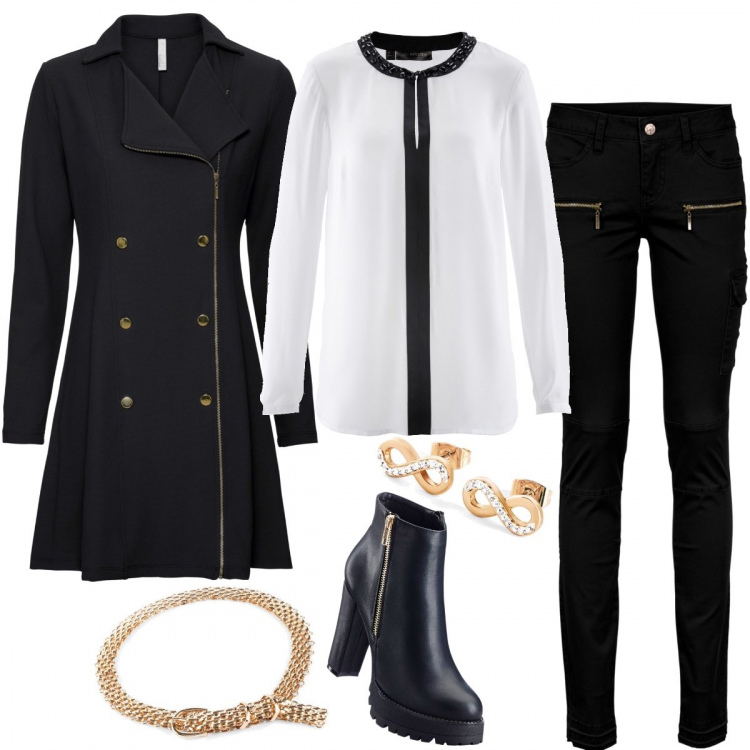 Outfit donna - Bonprix black week. Stile Trendy per Serata fuori. Abbinamento con pantaloni cargo, vestiti, bluse, stivaletti, camicie, orecchini.