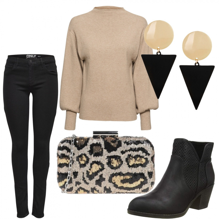 Outfit donna - Trendy #85039. Stile Trendy per Serata fuori. Abbinamento con maglieria, orecchini, borse a mano, jeans skinny, stivali.