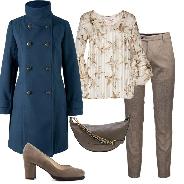 Outfit donna - Trendy #85041. Stile Trendy per Tutti i giorni. Abbinamento con vestiti midi/longuette, cappotti, pantaloni chino, décolleté, borse a spalla.