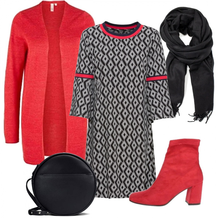 Outfit donna - Et voilà. Stile Rock per Ufficio. Abbinamento con vestiti, stivaletti, sciarpe, blazer, borse a spalla.