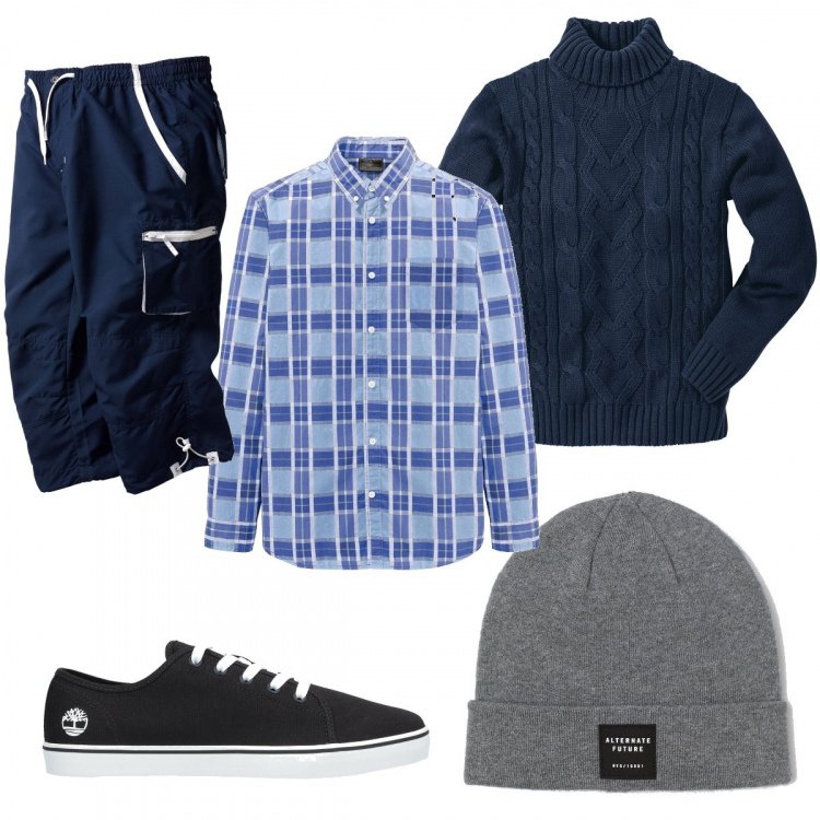 Outfit uomo - Urban #11084. Stile Urban per Tutti i giorni. Abbinamento con sneakers, maglieria, camicie, pantaloni capri, berretti.