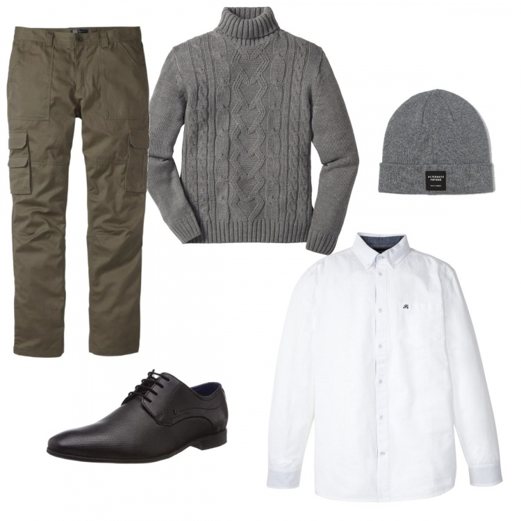 Outfit uomo - Libertà. Stile Business/Elegante per Tutti i giorni. Abbinamento con pantaloni cargo, maglieria, scarpe stringate, camicie a manica corta, berretti.