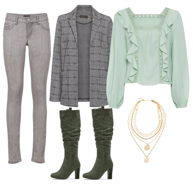 Outfit donna - Green Black week. Stile Trendy per Ufficio. Abbinamento con jeans skinny, bluse, t-shirt, blazer, collane.