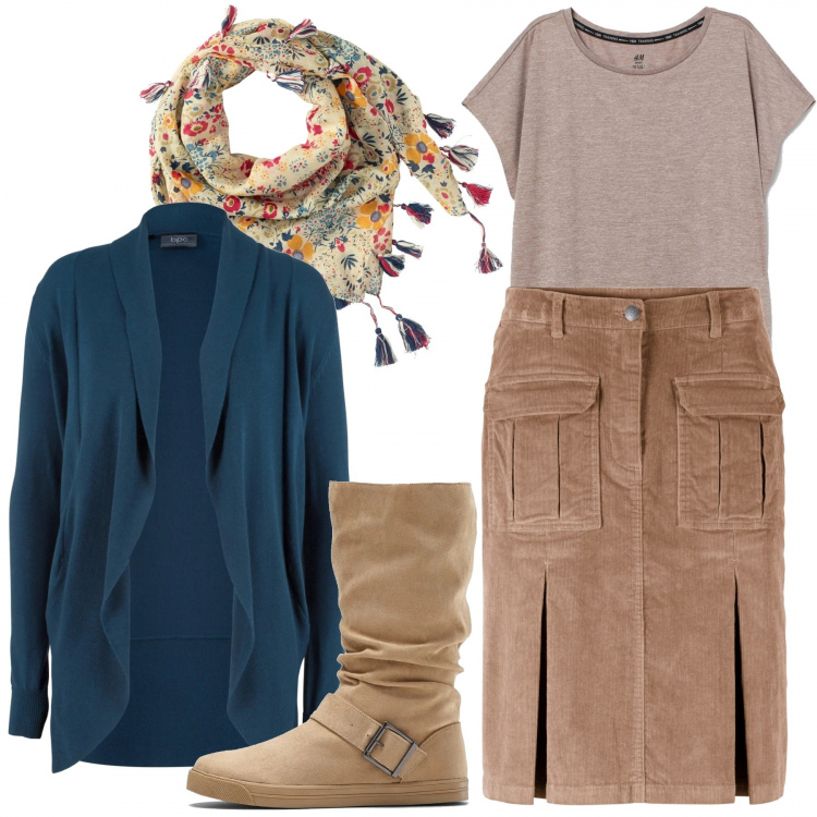 Outfit donna - La gonna di velluto. Stile Basic per Tutti i giorni. Abbinamento con cardigans, stivali, gonne, foulard, top.