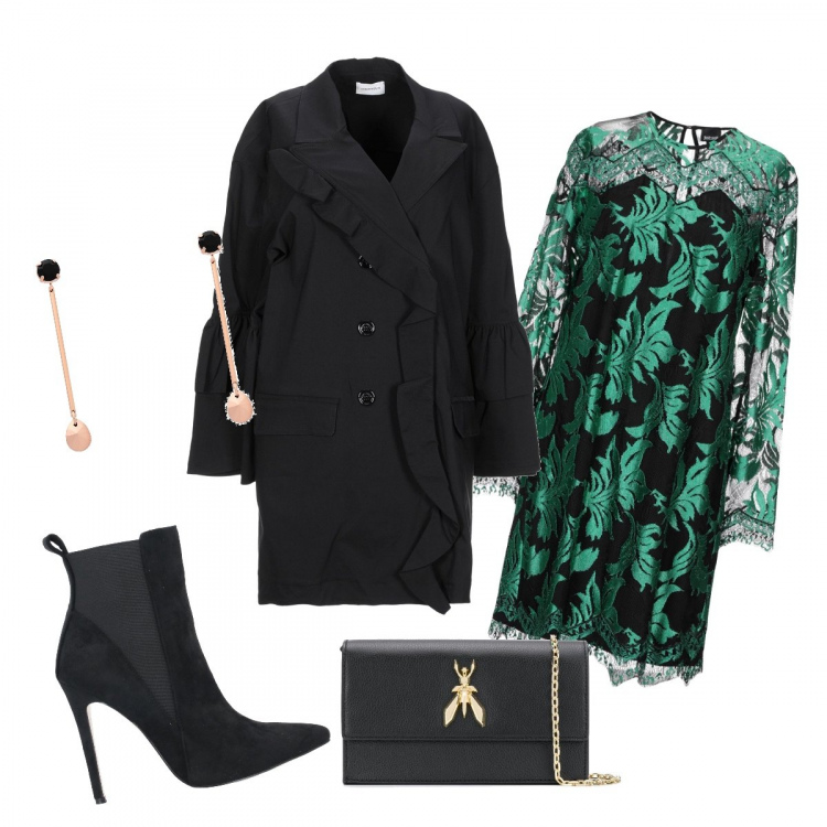 Outfit donna - Serata a teatro. Stile Chic per Serata fuori. Abbinamento con vestiti corti, stivaletti, cappotti, orecchini, borse a tracolla.