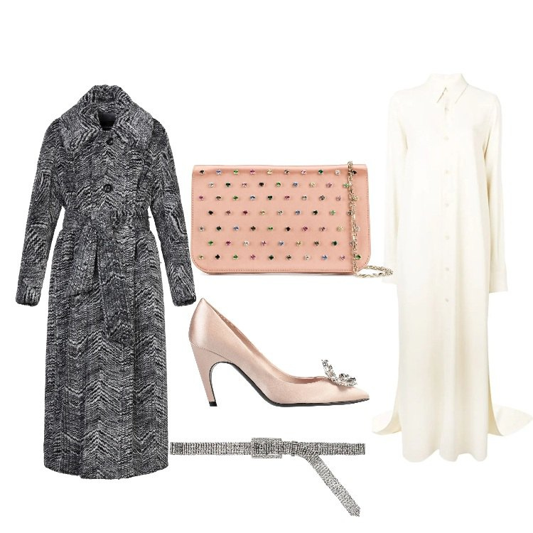 Outfit donna - Chic #46505. Stile Chic per Serata fuori. Abbinamento con cappotti, décolleté, clutch, vestiti lunghi, cinture.