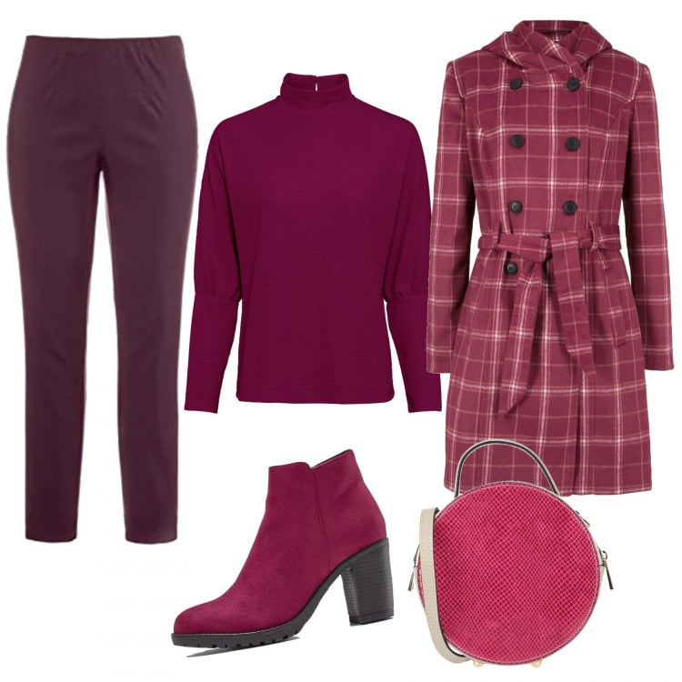 Outfit donna - Bacca e melanzana. Stile Trendy per Tutti i giorni. Abbinamento con borse a mano, shorts, cappotti, stivaletti, pantaloni.