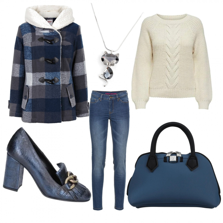 Outfit donna - Il montgomery. Stile Urban per Tutti i giorni. Abbinamento con jeans skinny, blazer, collane, borse a mano, décolleté, pullovers.