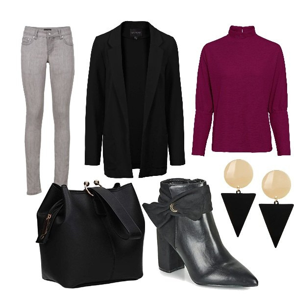Outfit donna - Low budget. Stile Trendy per Tutti i giorni. Abbinamento con jeans skinny, pullovers, blazer, orecchini, stivaletti, borse a secchiello.