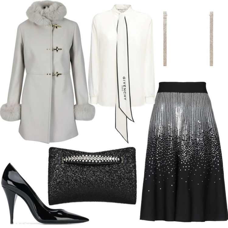 Outfit donna - Chic night. Stile Chic per Serata fuori. look ideale per Tall. Abbinamento con orecchini, gonne longuette, décolleté, cappotti, camicie, pochette.
