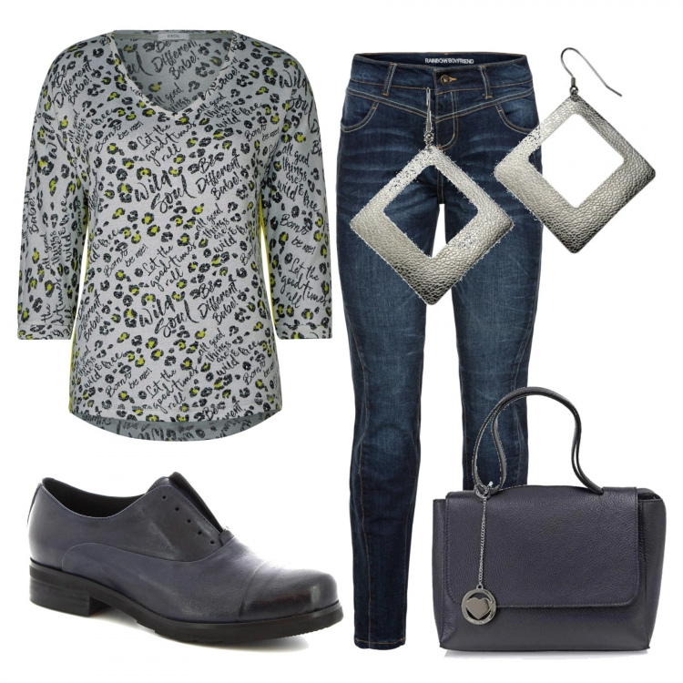 Outfit donna - Trendy #85206. Stile Trendy per Tutti i giorni. Abbinamento con jeans boyfriend, francesine, borse a mano, t-shirt, orecchini.