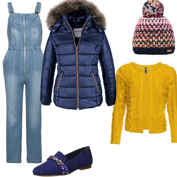 Outfit donna - Salopette per l\'università. Stile Urban per Scuola/Università. Abbinamento con piumini, cardigans, bikini, mocassini, berretti.