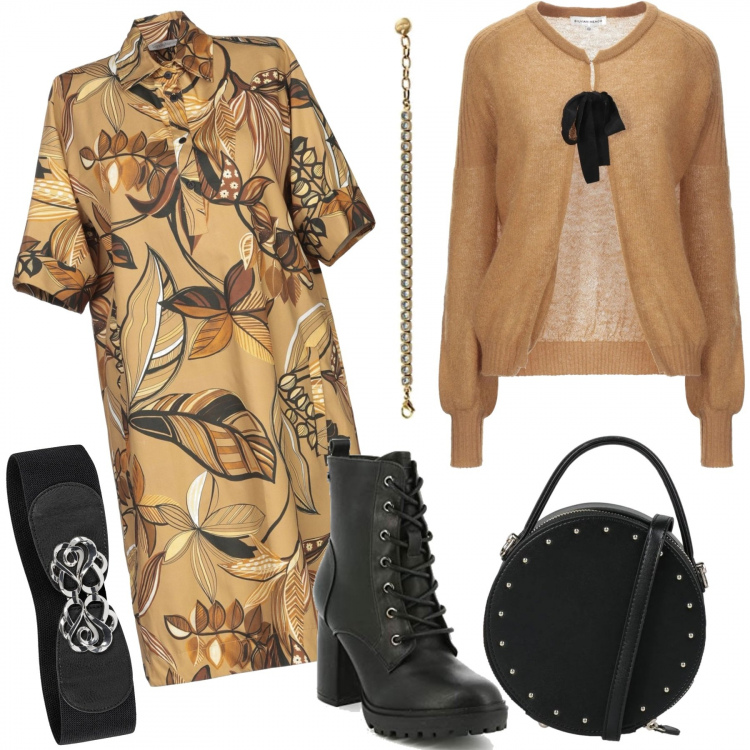 Outfit donna - Foglie d\'autunno. Stile Chic per Tutti i giorni. Abbinamento con cinture, cardigans, vestiti corti, borse a tracolla, stivaletti, braccialetti.