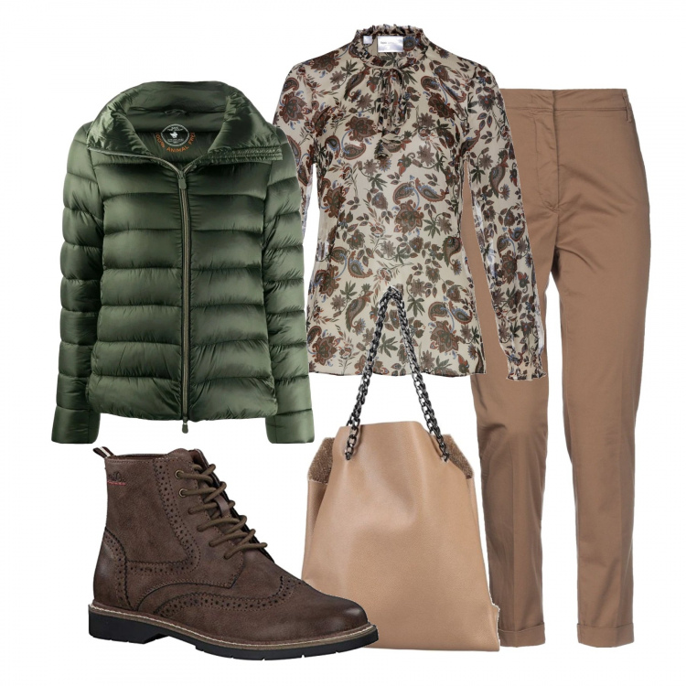 Outfit donna - Sottobosco. Stile Basic per Tutti i giorni. Abbinamento con tuniche, pantaloni, borse a mano, piumini, stivaletti.