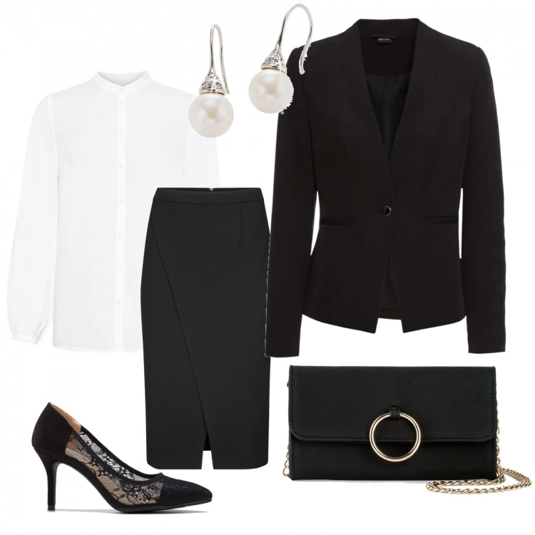 Outfit donna - Minimal chic. Stile Chic per Tutti i giorni. Abbinamento con blazer, cappotti, gonne longuette, décolleté, bluse, orecchini.