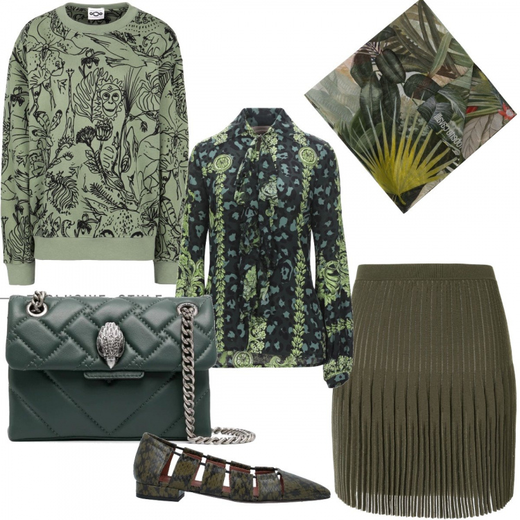 Outfit donna - Focus Donna-Fantasia foglie. Stile Urban per Ufficio. Abbinamento con camicie, ballerine, felpe, minigonne, foulard, borse a spalla.