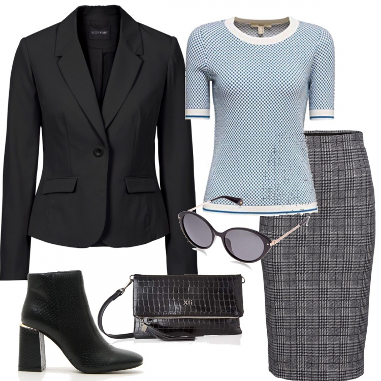Outfit donna - At Work. Stile Trendy per Ufficio. Abbinamento con blazer, bluse, maglioni, stivaletti, occhiali da sole, borse messenger.