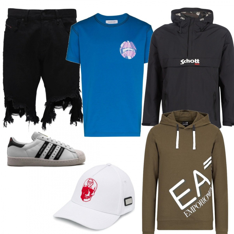 Outfit uomo - Casual #24420. Stile Casual per Tutti i giorni. Abbinamento con giacche, t-shirt, sneakers, cappelli con visiera, shorts, felpe con cappuccio.