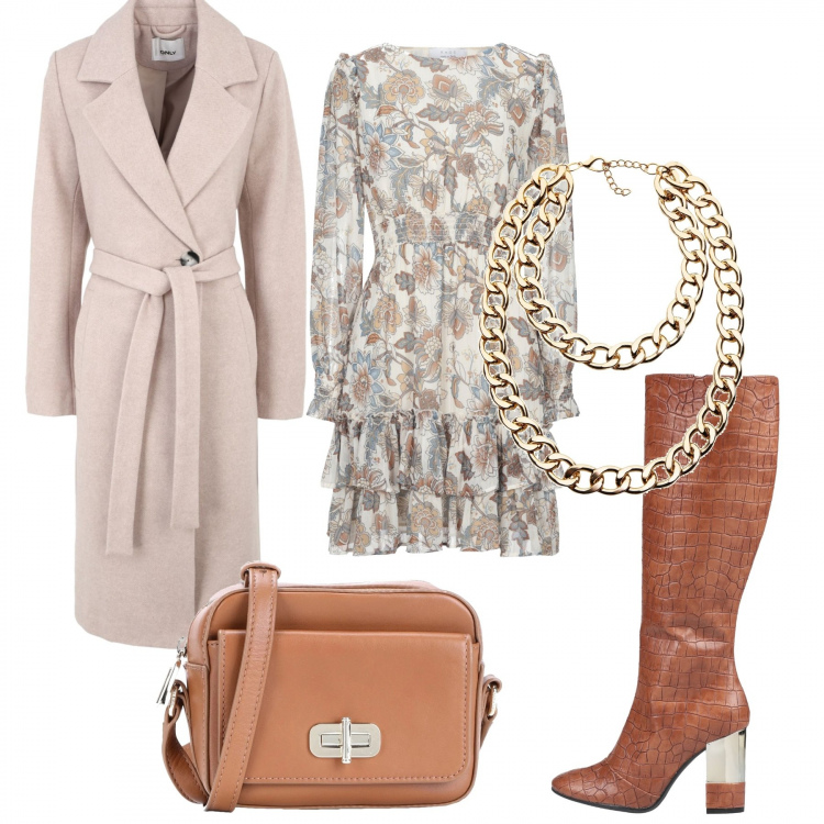 Outfit donna - Un tocco floreale. Stile Chic per Tutti i giorni. Abbinamento con vestiti corti, cappotti, stivali, collane, borse a tracolla.
