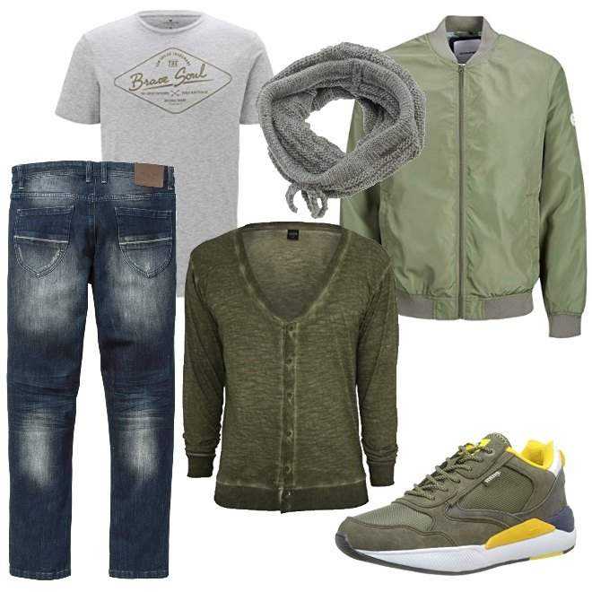 Outfit uomo - Urban #11142. Stile Urban per Tutti i giorni. Abbinamento con jeans slim fit, sneakers, bomber, cardigans, sciarpe, t-shirt.