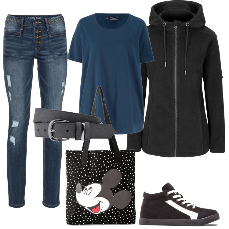 Outfit donna - Black Week/ Bonprix. Stile Basic per Tutti i giorni. Abbinamento con cinture, blazer, t-shirt, jeans skinny, shopping bag, sneakers alte.