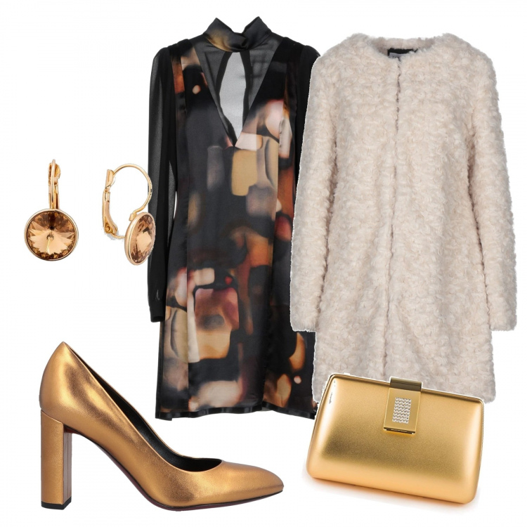 Outfit donna - Dettagli oro. Stile Chic per Cerimonia. Abbinamento con orecchini, vestiti corti, cappotti, décolleté, pochette.