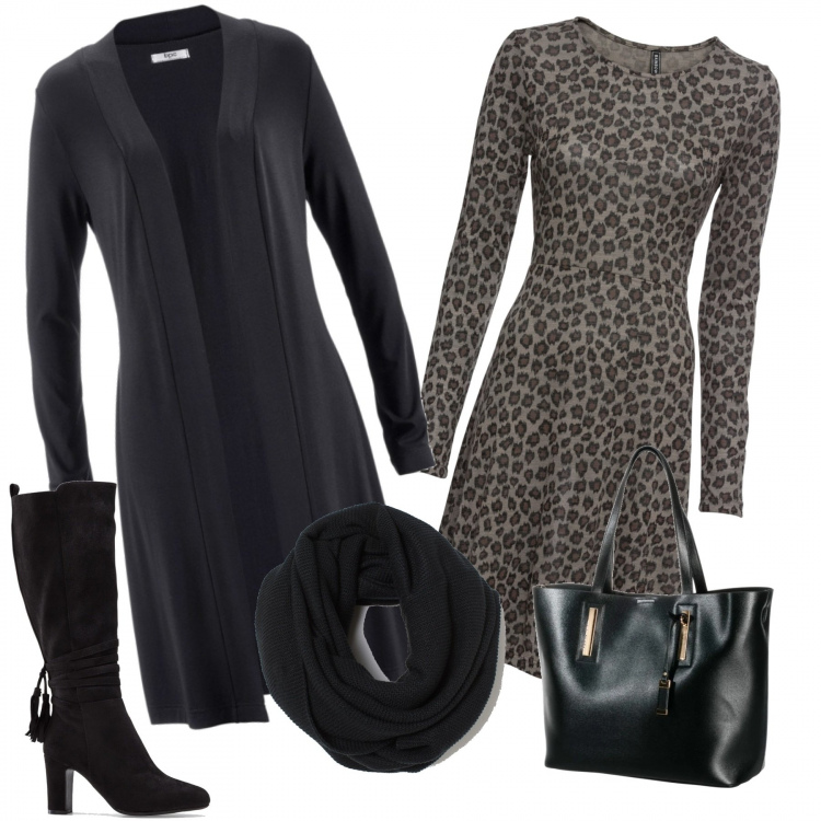 Outfit donna - Trendy #85563. Stile Trendy per Tutti i giorni. Abbinamento con cardigans, vestiti, stivali, shopping bag, foulard.