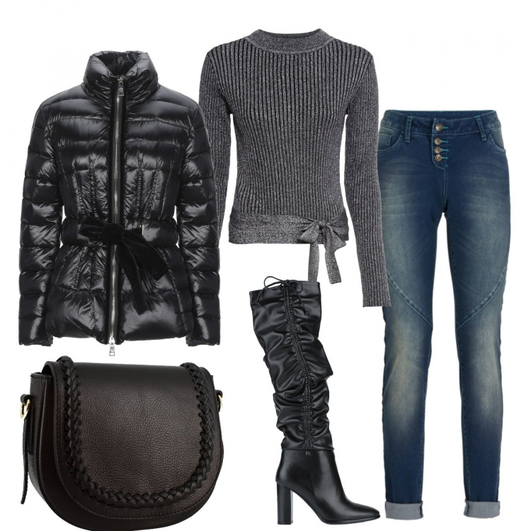 Outfit donna - Trendy #85571. Stile Trendy per Tutti i giorni. Abbinamento con jeans boyfriend, maglioni, stivali, piumini, borse a tracolla.