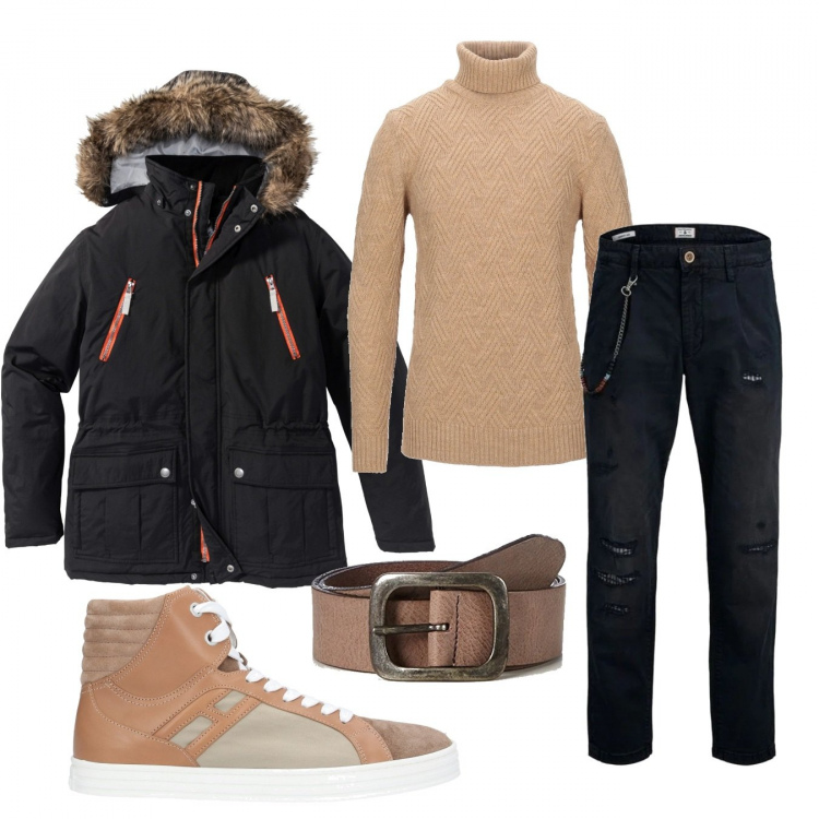 Outfit uomo - Casual #24429. Stile Casual per Tutti i giorni. Abbinamento con parka, sneakers alte, pullovers, pantaloni chino, cinture.