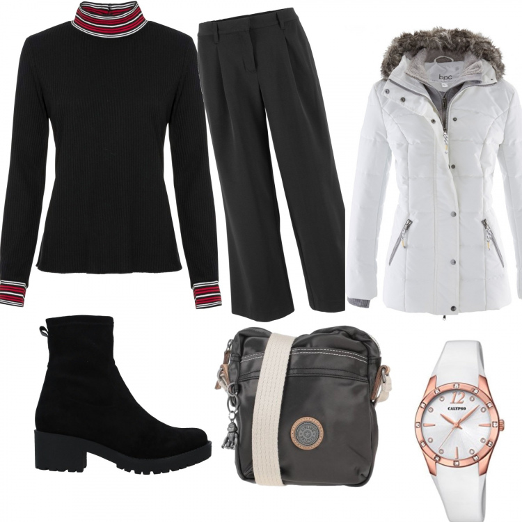 Outfit donna - Primi freddi. Stile Urban per Tutti i giorni. Abbinamento con piumini, pantaloni capri, pullovers, borse a tracolla, stivaletti, orologi.