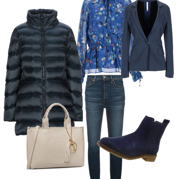 Outfit donna - Blu Friday. Stile Basic per Tutti i giorni. Abbinamento con jeans skinny, blazer, bluse, piumini, shopping bag, stivaletti chelsea.