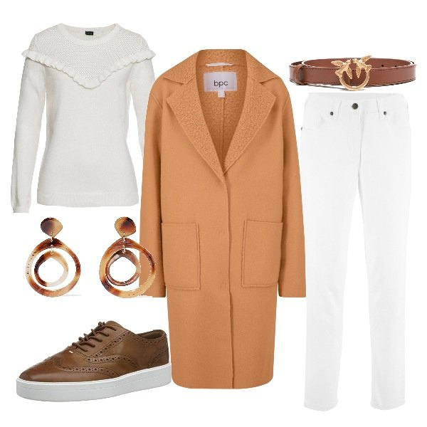 Outfit donna - Outfit Minimal. Stile Basic per Tutti i giorni. Abbinamento con orecchini, pantaloni, cappotti, maglieria, cinture, scarpe stringate.