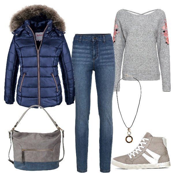 Outfit donna - Bonprix Black Friday. Stile Basic per Tutti i giorni. Abbinamento con piumini, maglieria, sneakers alte, jeans skinny, borse a mano, collane.