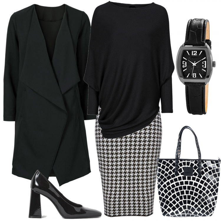 Outfit donna - In longuette. Stile Urban per Ufficio. Abbinamento con maglieria, gonne, giacche, borse a mano, décolleté, orologi analogici.