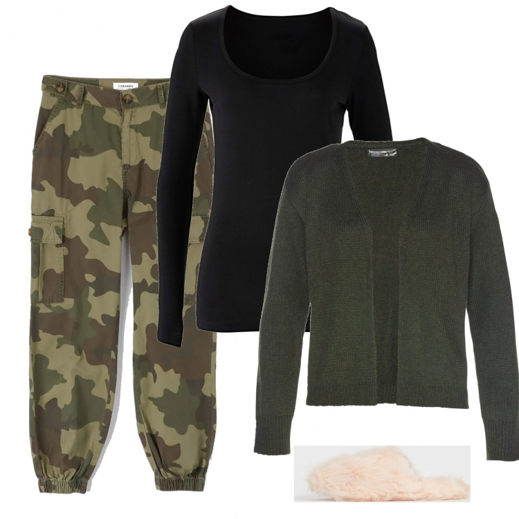 Outfit donna - Comodamente in CASA. Stile Urban per Tutti i giorni. Abbinamento con t-shirt sportive, cardigans, pantaloni cargo, pantofole.