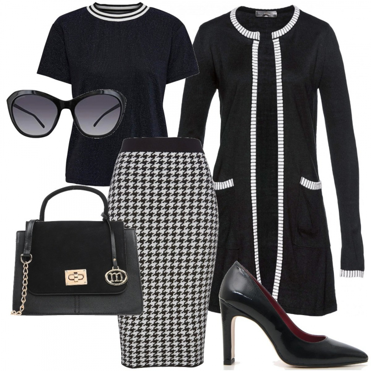 Outfit donna - Classico e low cost. Stile Chic per Ufficio. Abbinamento con gonne, cardigans, borse a mano, t-shirt, décolleté, occhiali da sole.