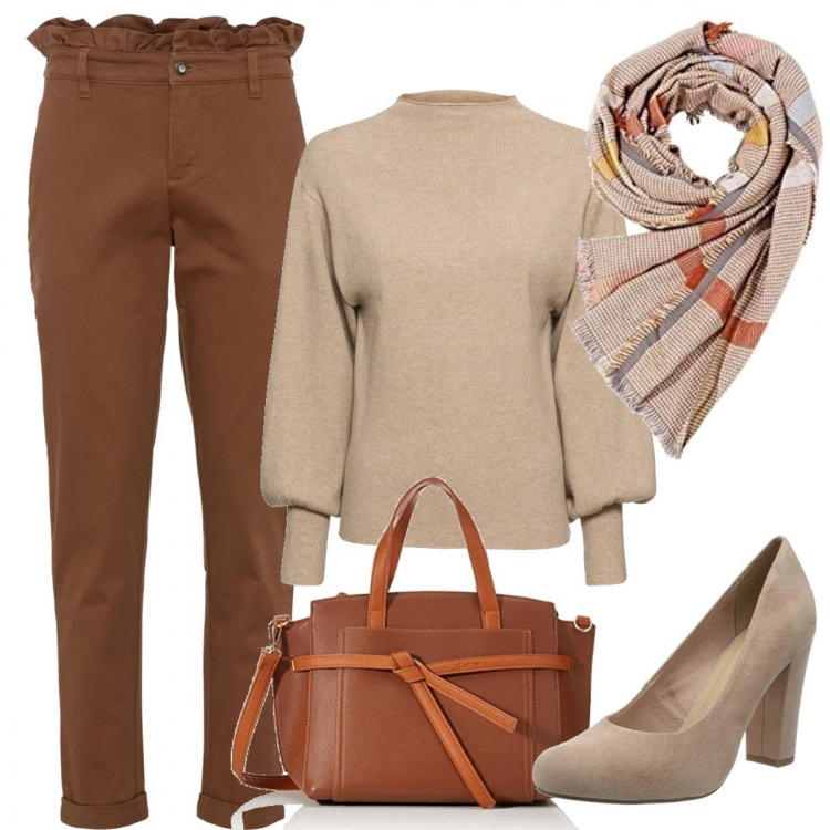 Outfit donna - Trendy low cost. Stile Trendy per Tutti i giorni. Abbinamento con maglieria, pantaloni, scarpe col tacco, shopping bag, sciarpe.