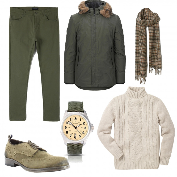 Outfit uomo - Il verde incontra il beige. Stile Casual per Tutti i giorni. Abbinamento con maglieria, cappotti, pantaloni skinny, scarpe stringate, orologi, sciarpe.