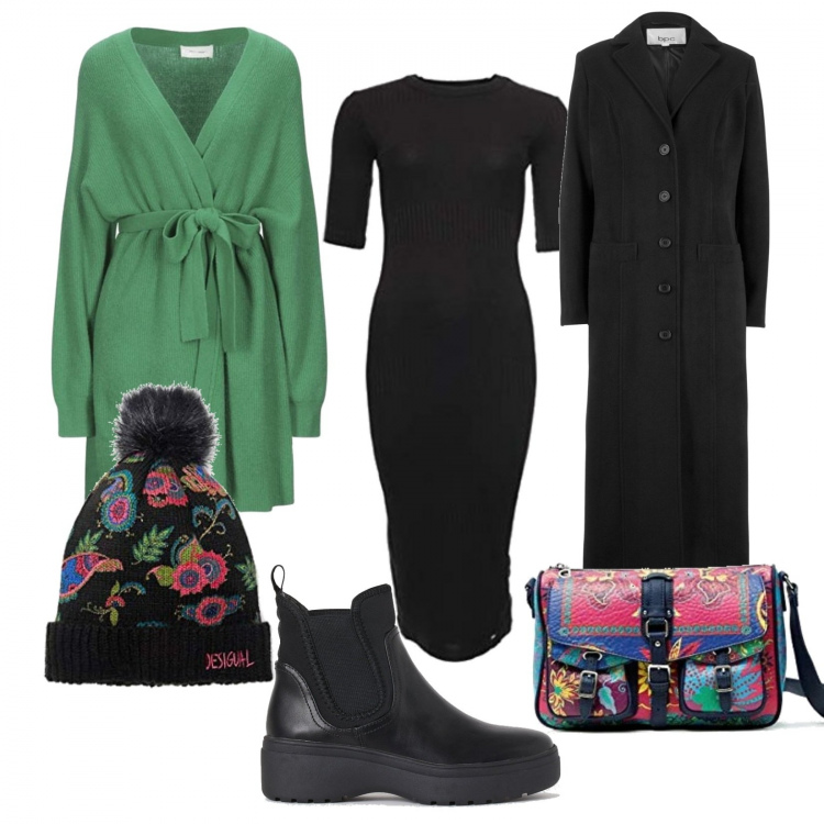 Outfit donna - Colori Desigual. Stile Basic per Tutti i giorni. Abbinamento con cappotti, cardigans, stivaletti chelsea, vestiti, borse a tracolla, berretti.