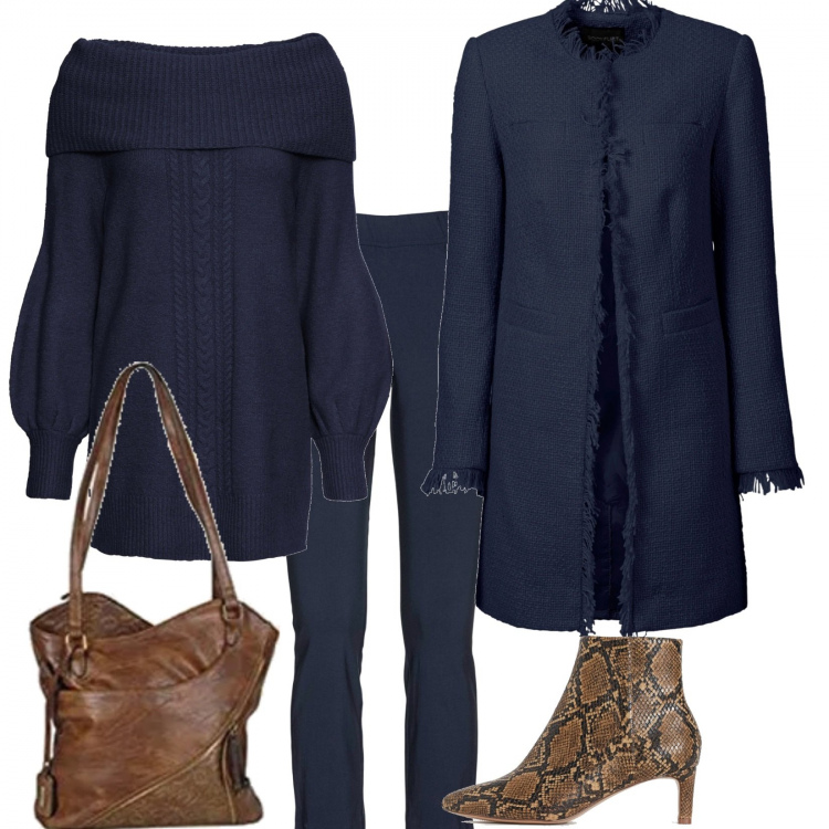 Outfit donna - Total blu e pelle. Stile Trendy per Tutti i giorni. Abbinamento con blazer, maglioni, pantaloni capri, borse a tracolla, stivaletti.