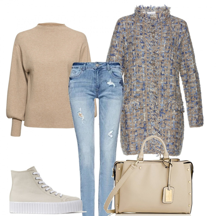 Outfit donna - Cappottino e jeans. Stile Basic per Tutti i giorni. Abbinamento con maglieria, cardigans, jeans slim fit, borse tote, sneakers alte.