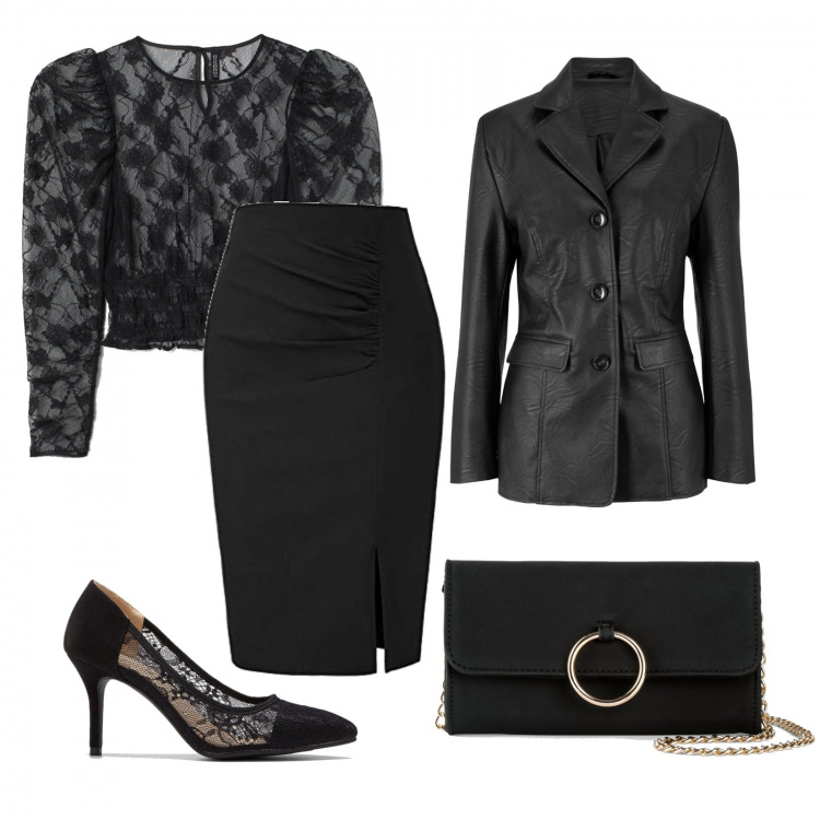 Outfit donna - Nero e trasparenze. Stile Chic per Ufficio. Abbinamento con blazer, décolleté, pochette, gonne, camicie.