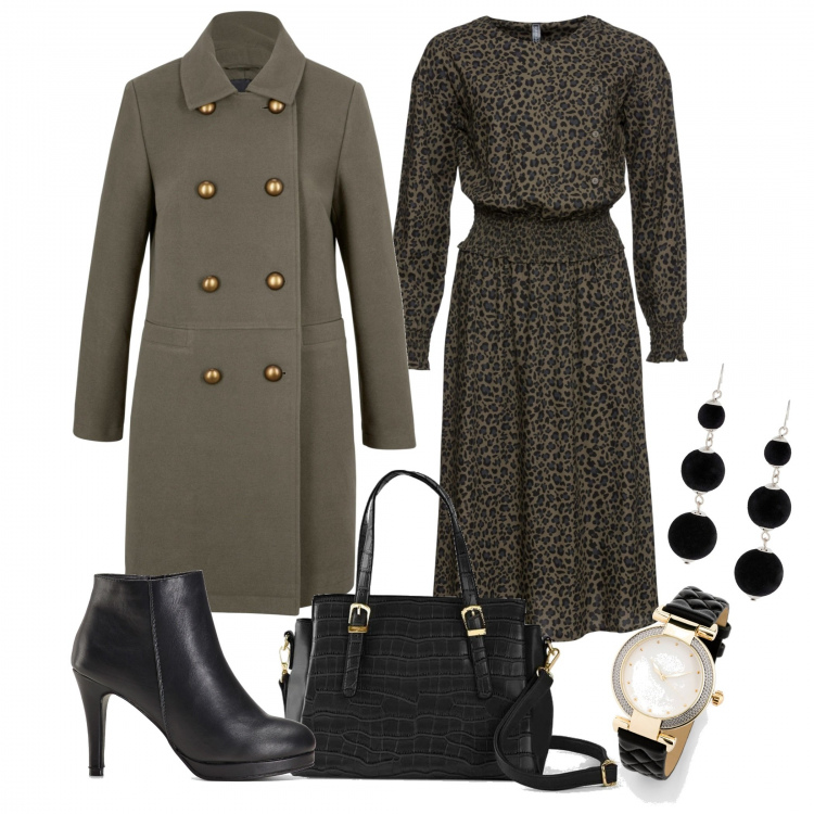 Outfit donna - GreenAnimalier. Stile Chic per Serata fuori. Abbinamento con vestiti, cappotti, borse a mano, stivaletti, orologi, orecchini.