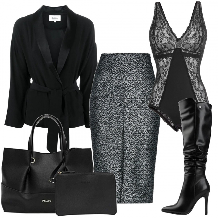 Outfit donna - Perfetta anche in ufficio. Stile Chic per Ufficio. Abbinamento con body, gonne longuette, stivali, blazer, borse tote.