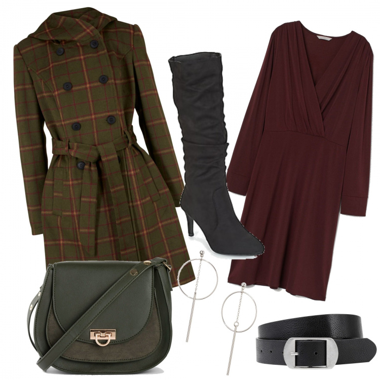 Outfit donna - #InTweed. Stile Basic per Serata fuori. Abbinamento con cappotti, vestiti, cinture, orecchini, stivali, vestiti midi/longuette.