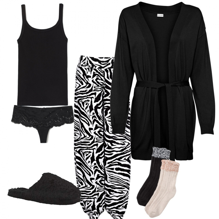 Outfit donna - Relax in casa ma con stile. Stile Basic per Tutti i giorni. Abbinamento con pantaloni a palazzo, cardigans, calzini, perizomi, canottiere, ciabatte.