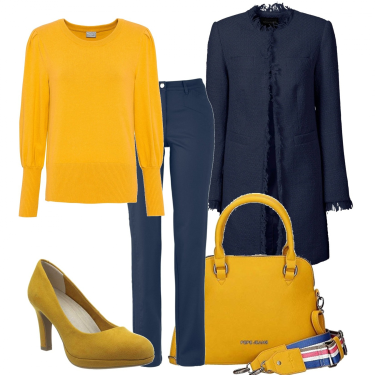 Outfit donna - Con il cappotto in giallo e in blu. Stile Basic per Tutti i giorni. Abbinamento con blazer, maglieria, pantaloni, borse a spalla, scarpe col tacco.