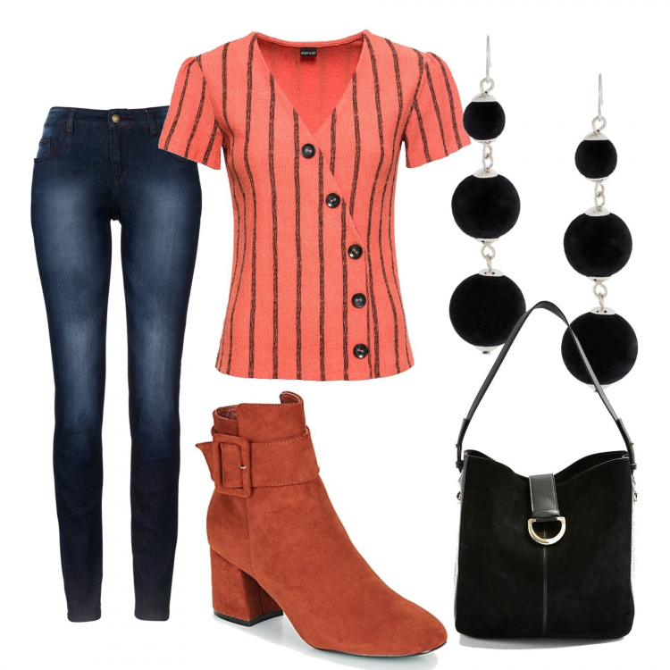 Outfit donna - Trendy #85865. Stile Trendy per Tutti i giorni. Abbinamento con jeans skinny, maglieria, orecchini, borse a spalla, stivaletti.