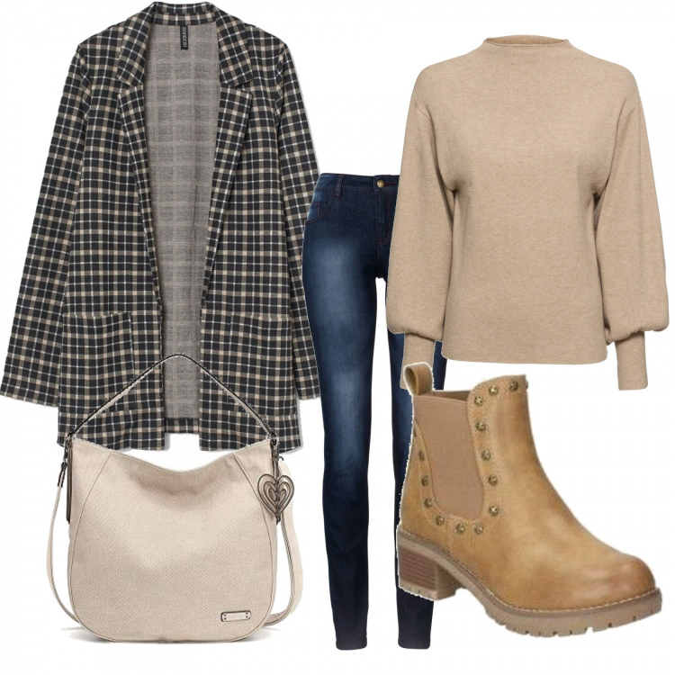 Outfit donna - Trendy #85875. Stile Trendy per Tutti i giorni. Abbinamento con maglieria, jeans skinny, stivaletti, blazer, borse a spalla.
