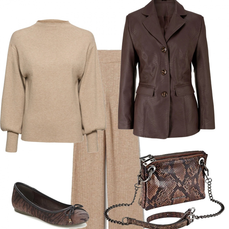 Outfit donna - Con la giacca di pelle e ballerine. Stile Trendy per Tutti i giorni. Abbinamento con maglieria, vestiti, ballerine, pantaloni, borse a tracolla.